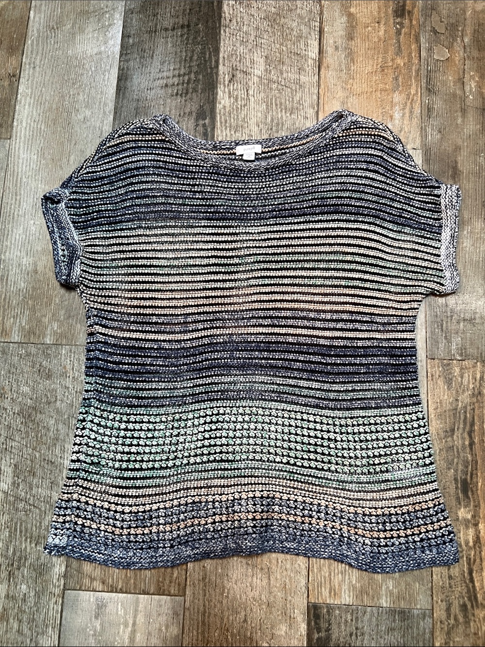 J. Jill Multi-Blue and Cream Textured Crewneck Sweater